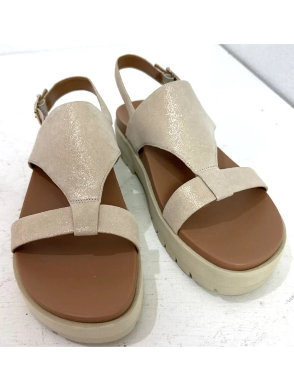 Vionic Alondra Lug Arch Support Platform Light Gold Cream Sparkle Sandals Sz 10